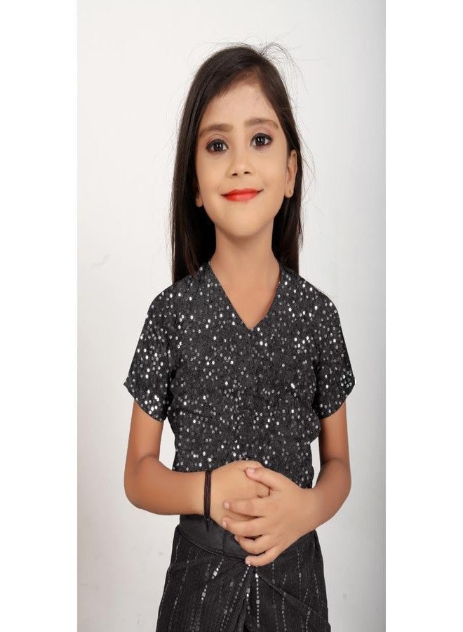 MEBBER Girl's Sequin Super Net Kids Saree Elegant Ethnic Wear for Girls Includes Stylish Separate Blouse Piece (Grey, 5-6 Years) - Image 4